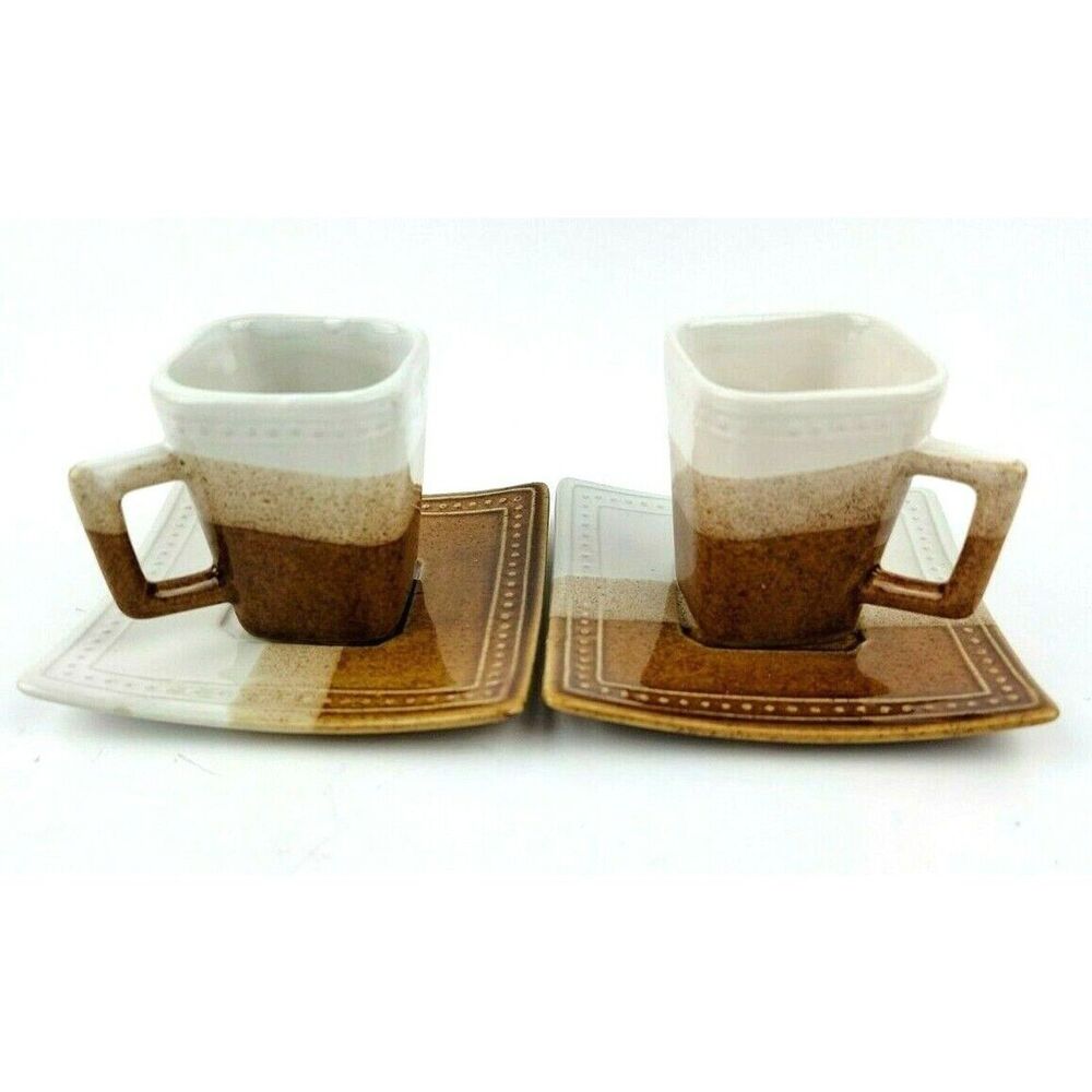 A S Co Demitasse Espresso Coffee Square Cups Saucers Stoneware Brown Set of 2